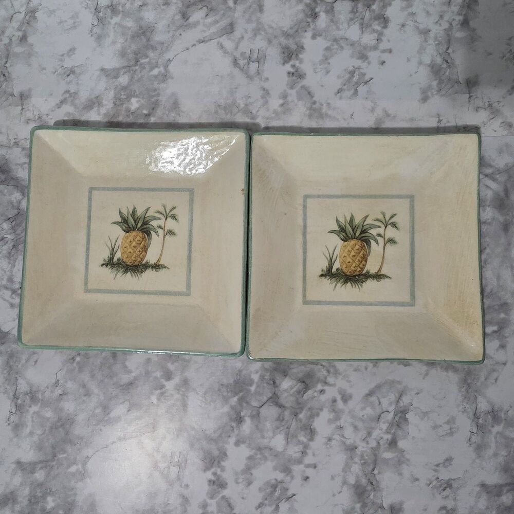 WILLIAM SONOMA VERANO TILE SQUARE Plates 8 5/8" PINEAPPLE PALM Set Of 2